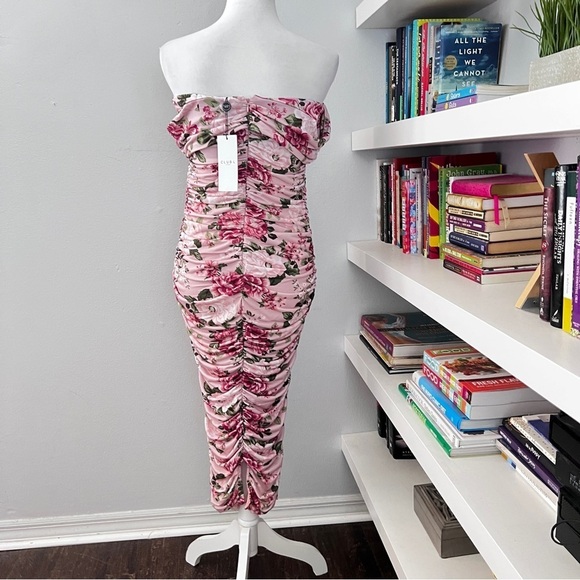 Pink Floral Off Shoulder Ruched Maternity Midi Dress size 6 - Picture 16 of 16